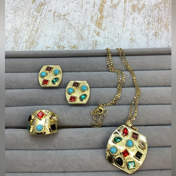 Etruscan Bold Gold Multicolor Gemstone Jewelry Set - Picture 1 of 5